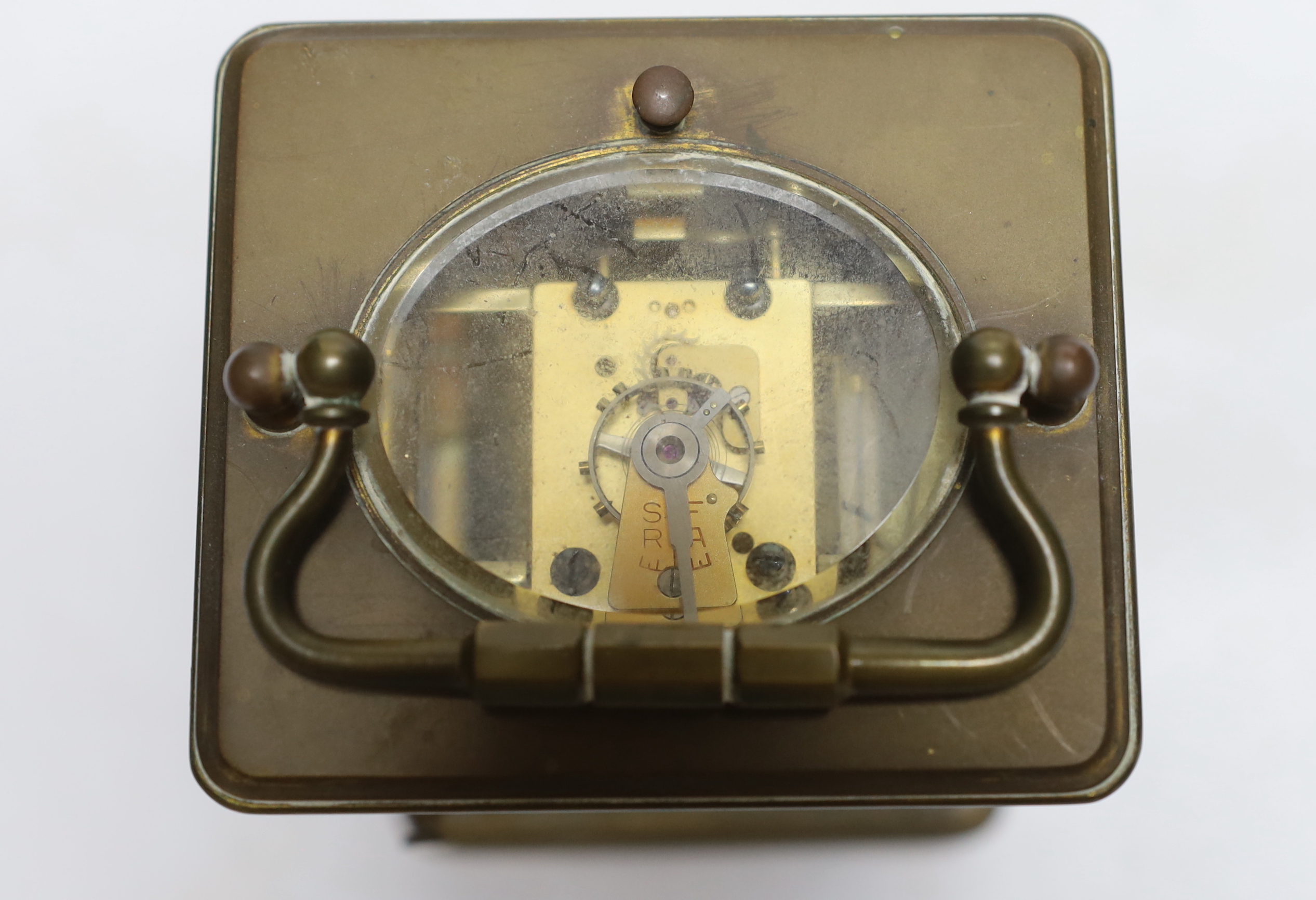 A 19th century French brass carriage clock with repeater, 17cm high